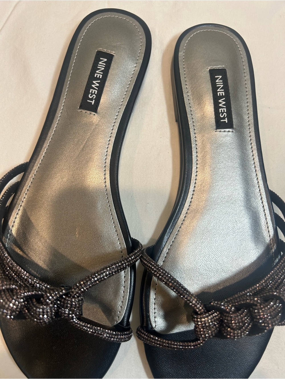 Nine West Black Slide Sandals with Silver Footbed